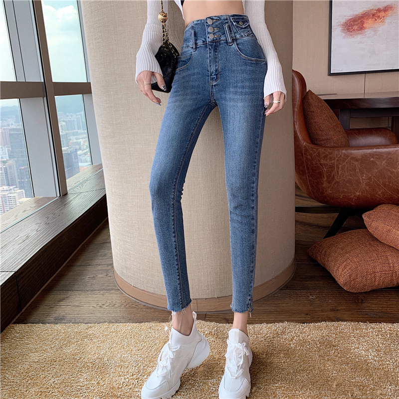 High waist all-match jeans burr nine pants for women