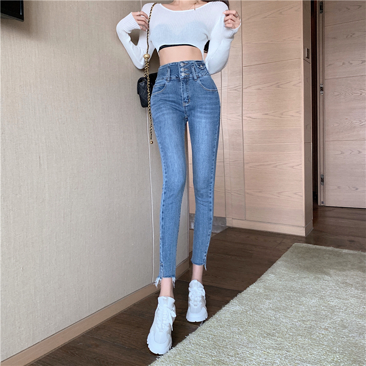 High waist all-match jeans burr nine pants for women