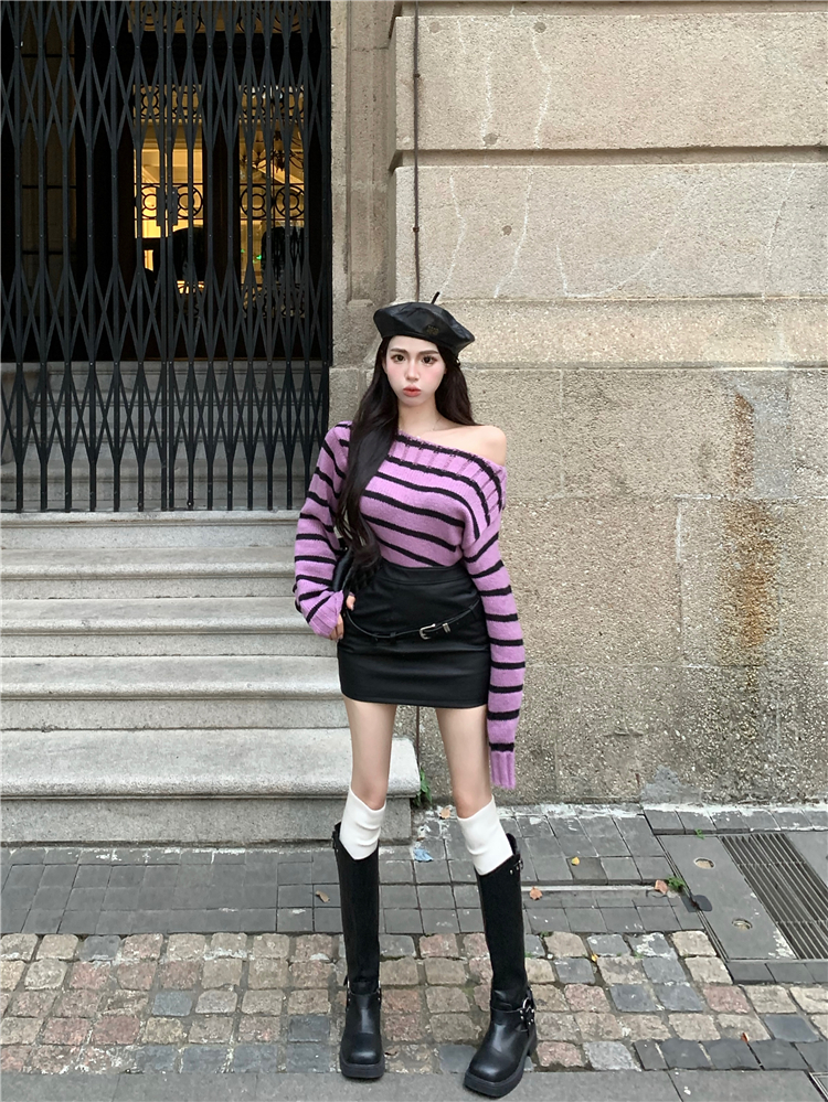 Strapless sweater leather skirt 2pcs set for women