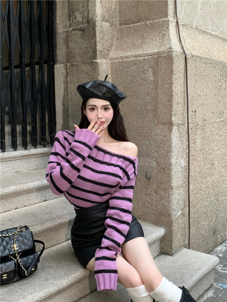 Strapless sweater leather skirt 2pcs set for women