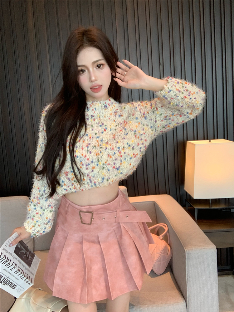 Crochet colors sweater short pleated skirt 2pcs set