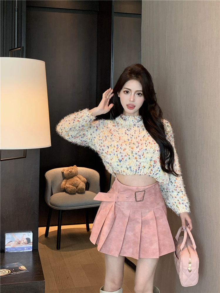 Crochet colors sweater short pleated skirt 2pcs set