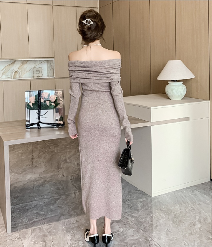 Flat shoulder autumn long dress package hip dress for women