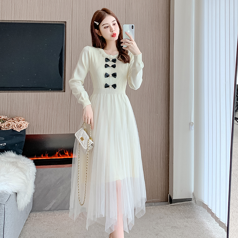 Splice gauze France style autumn and winter temperament dress