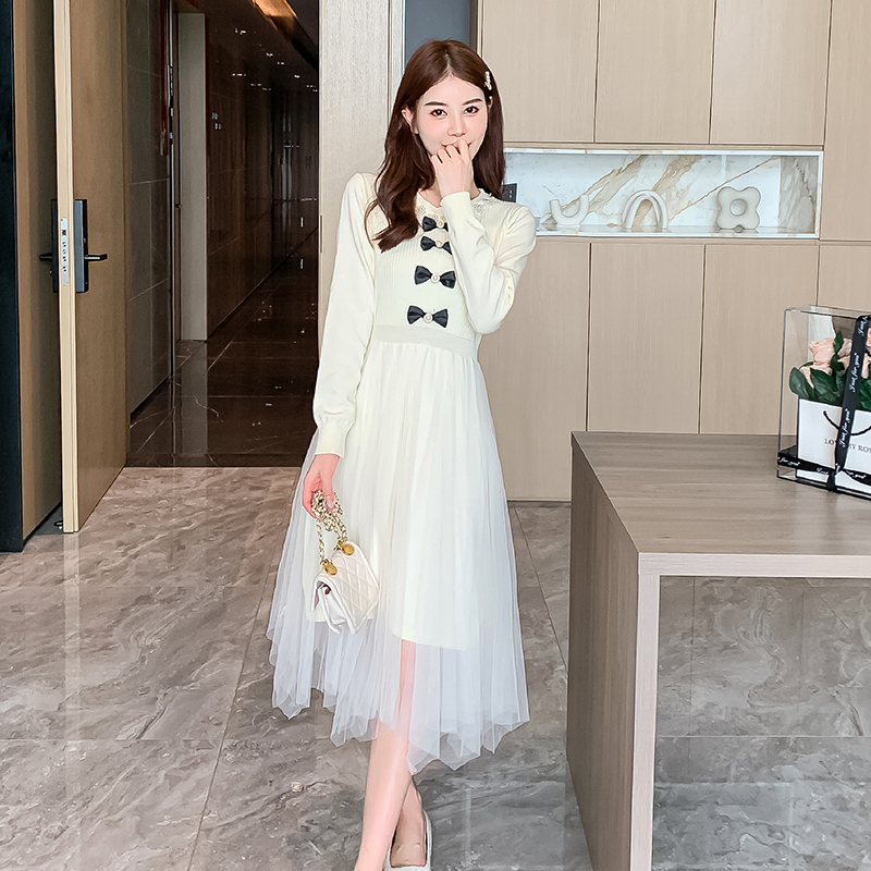 Splice gauze France style autumn and winter temperament dress