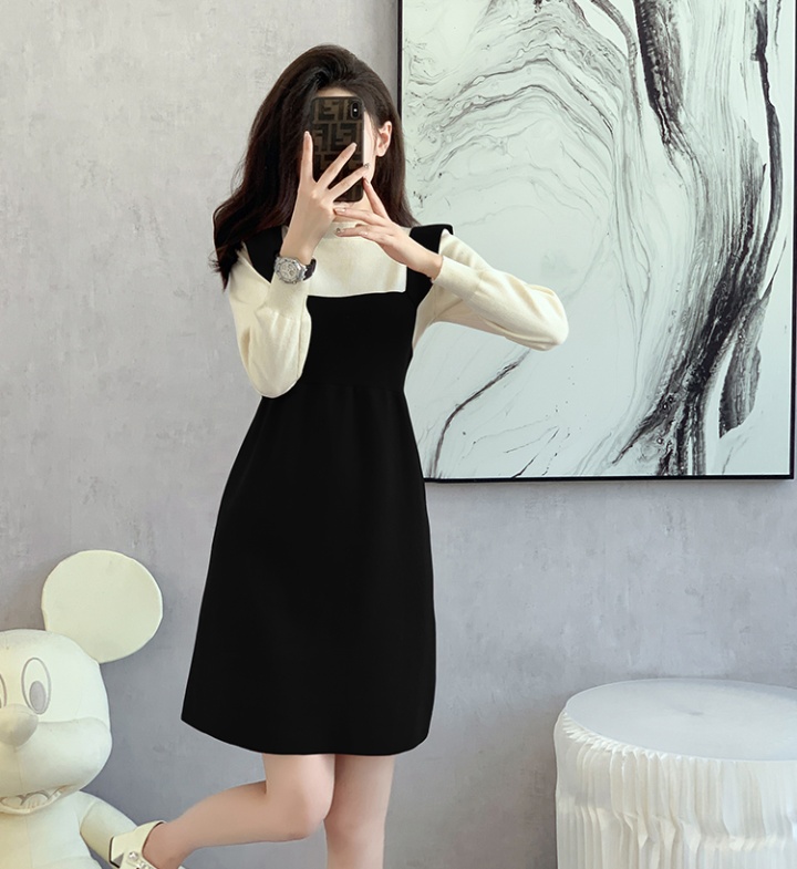 Knitted mixed colors temperament Pseudo-two dress