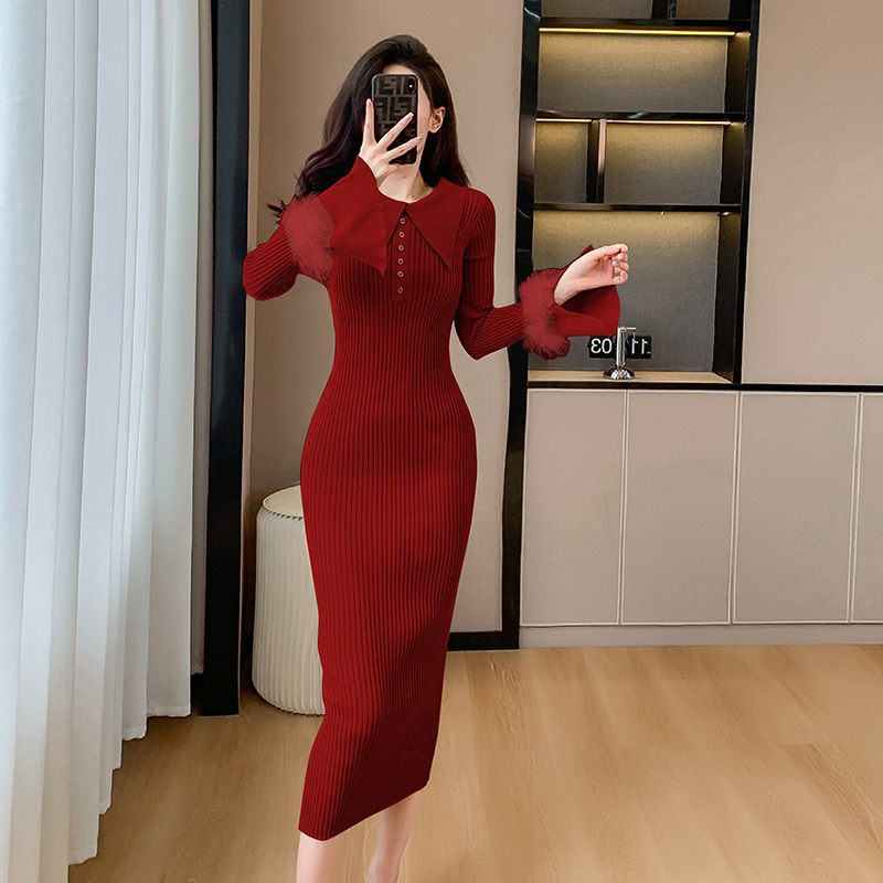 Lapel autumn and winter tight knitted ladies feather dress