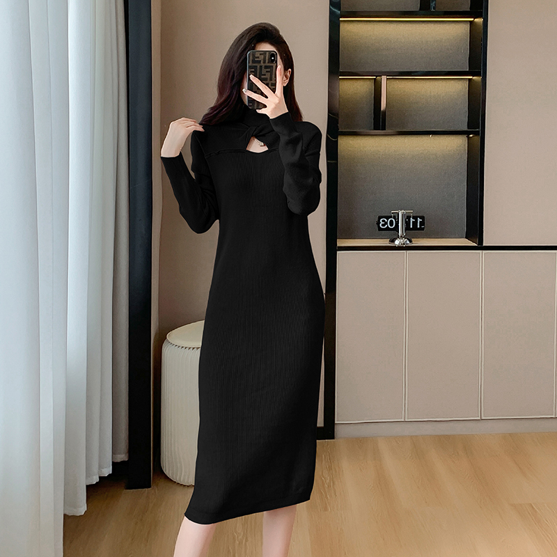 Autumn and winter knitted hollow France style long dress