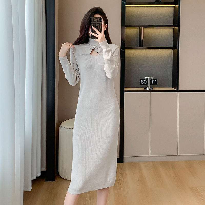 Autumn and winter knitted hollow France style long dress