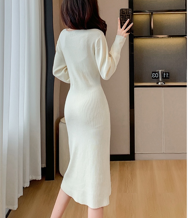 Bottoming V-neck autumn and winter knitted temperament slim dress