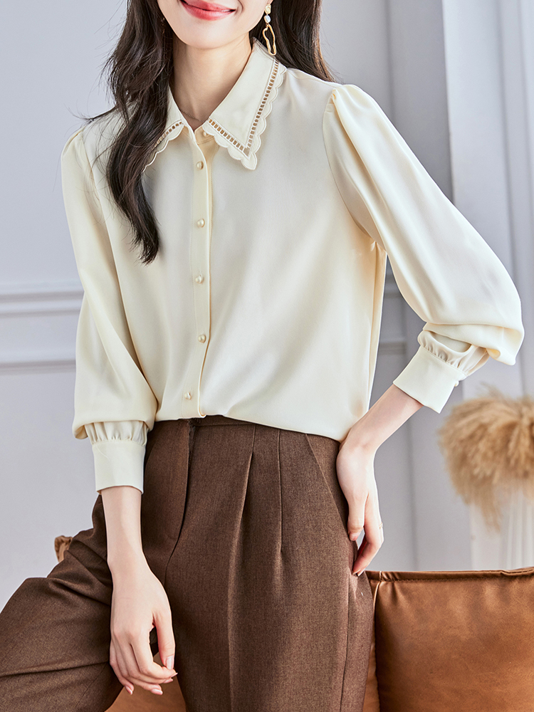 Beige lapel all-match long sleeve winter temperament shirt