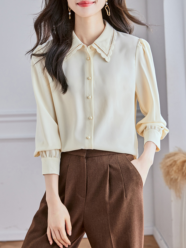 Beige lapel all-match long sleeve winter temperament shirt