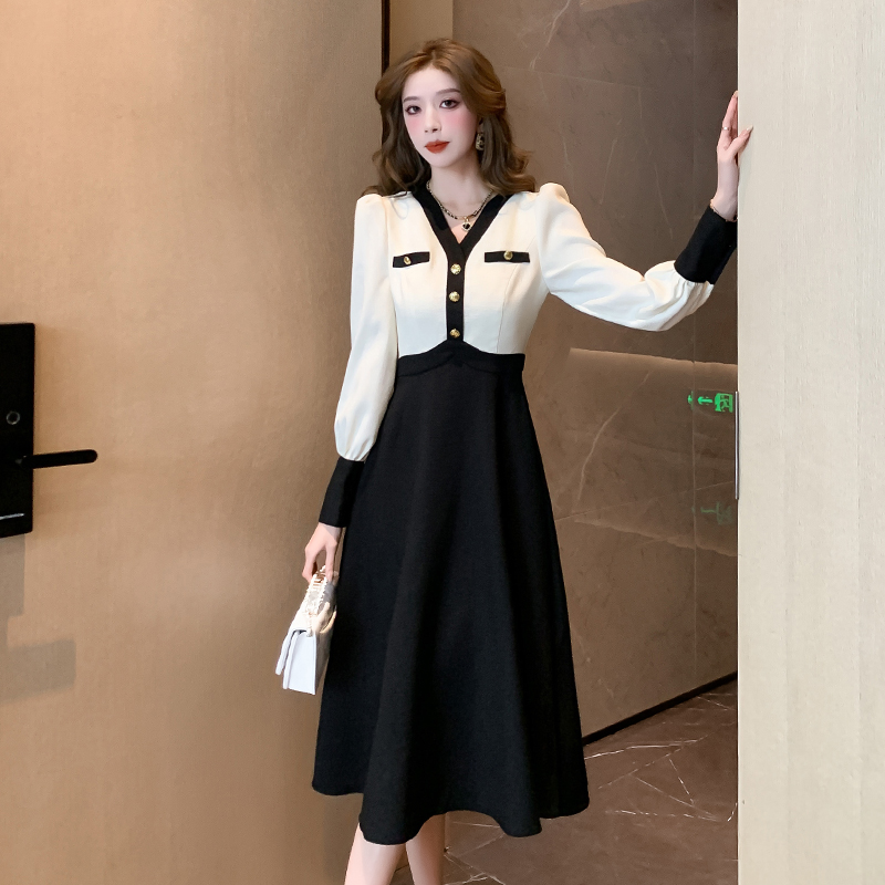 Slim Hepburn style dress V-neck autumn long dress for women