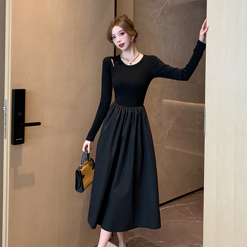 Black temperament long dress slim long sleeve dress