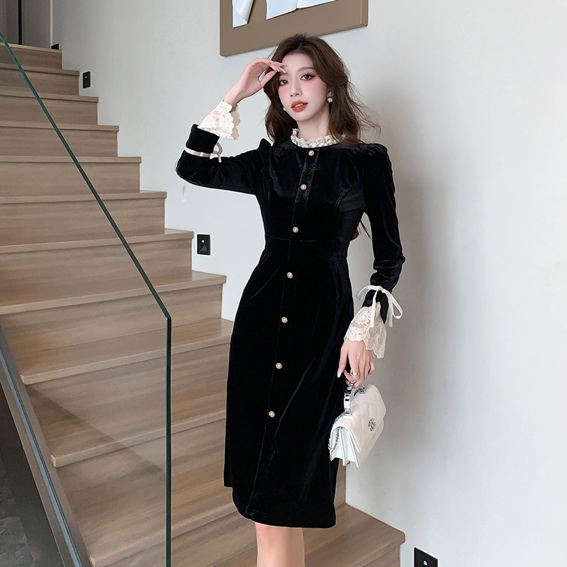Retro chanelstyle black slim dress for women
