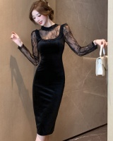 Velvet Hepburn style lace retro slit dress
