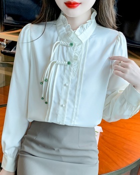 Cstand collar beige tops long sleeve shirt for women