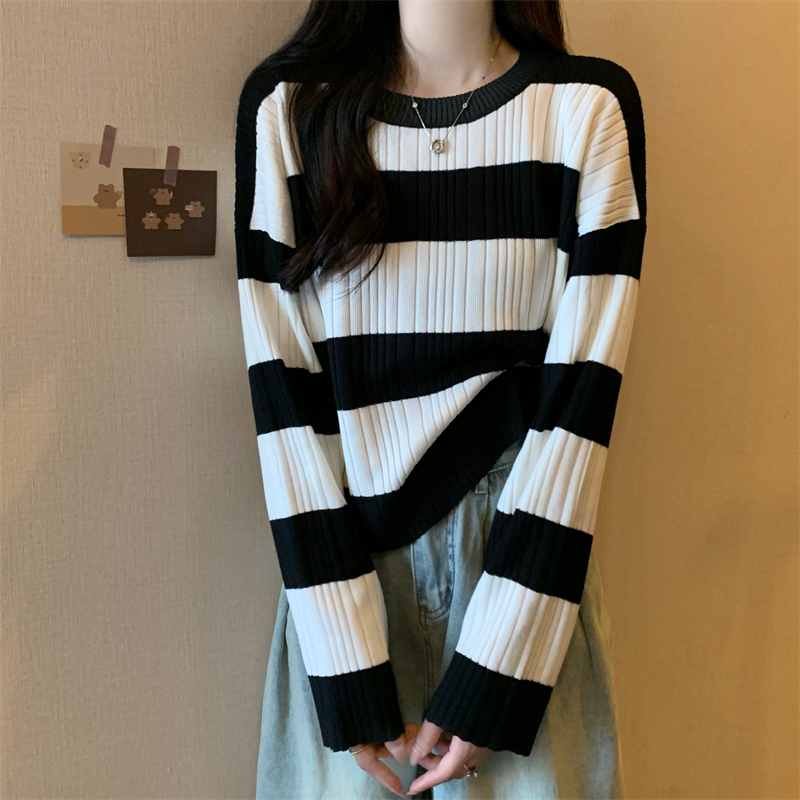 Korean style long sleeve retro T-shirt Casual stripe tops