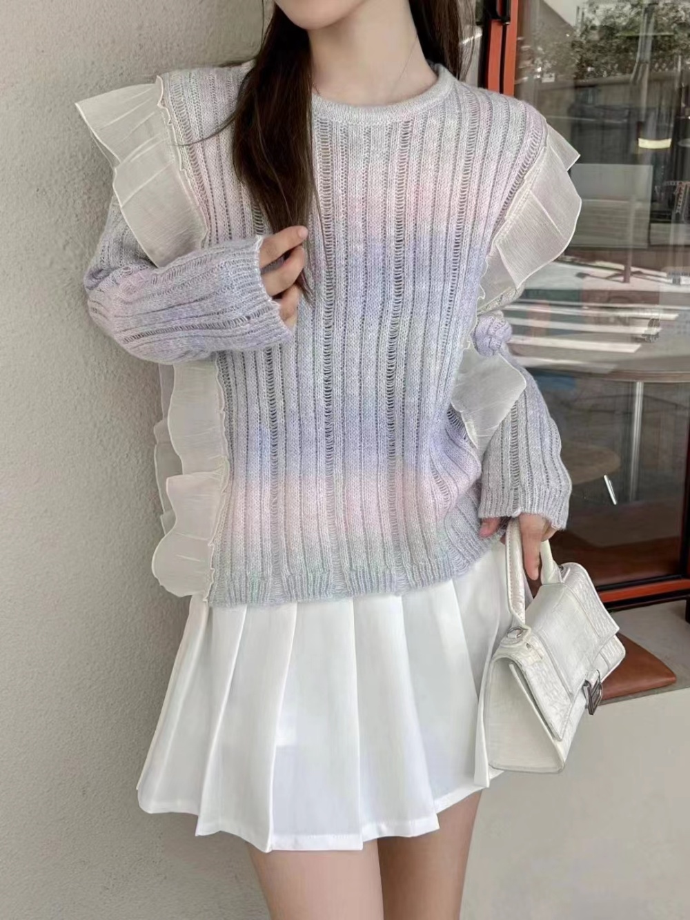 Korean style splice hollow gauze knitted pullover tops