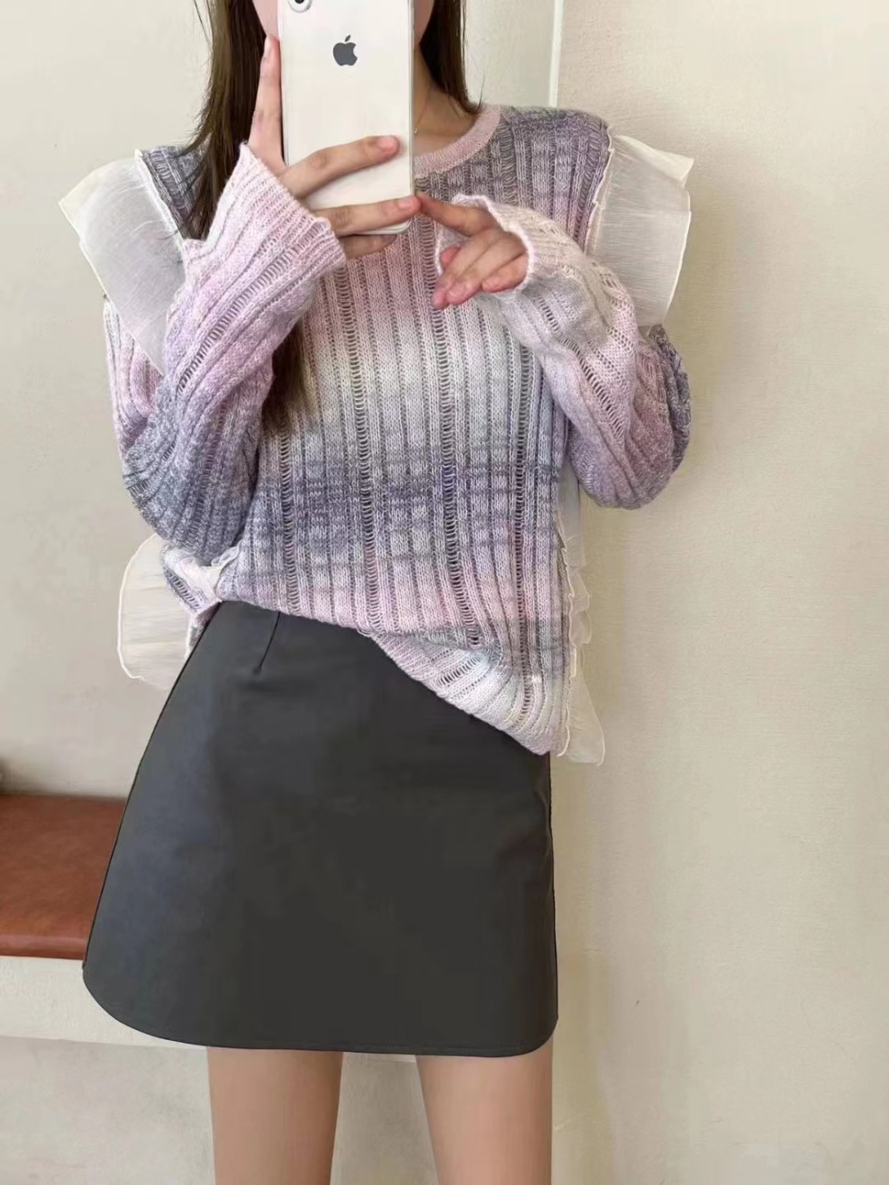 Korean style splice hollow gauze knitted pullover tops