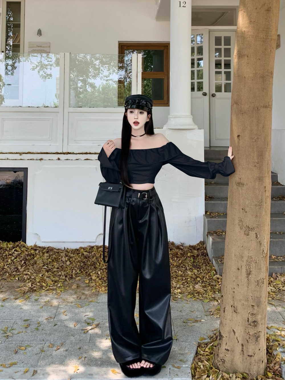 Autumn horizontal collar leather pants fashion tops a set