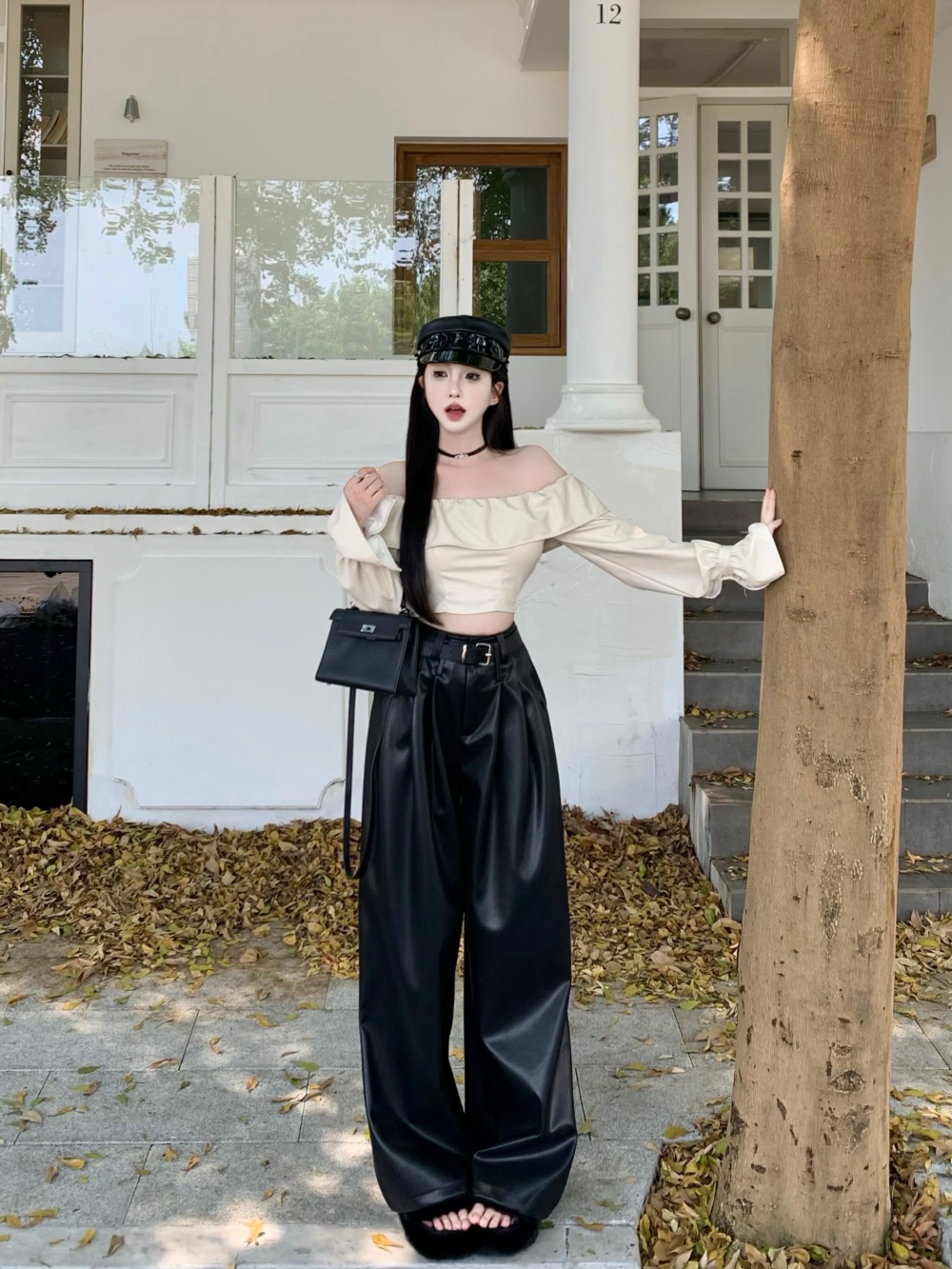 Autumn horizontal collar leather pants fashion tops a set