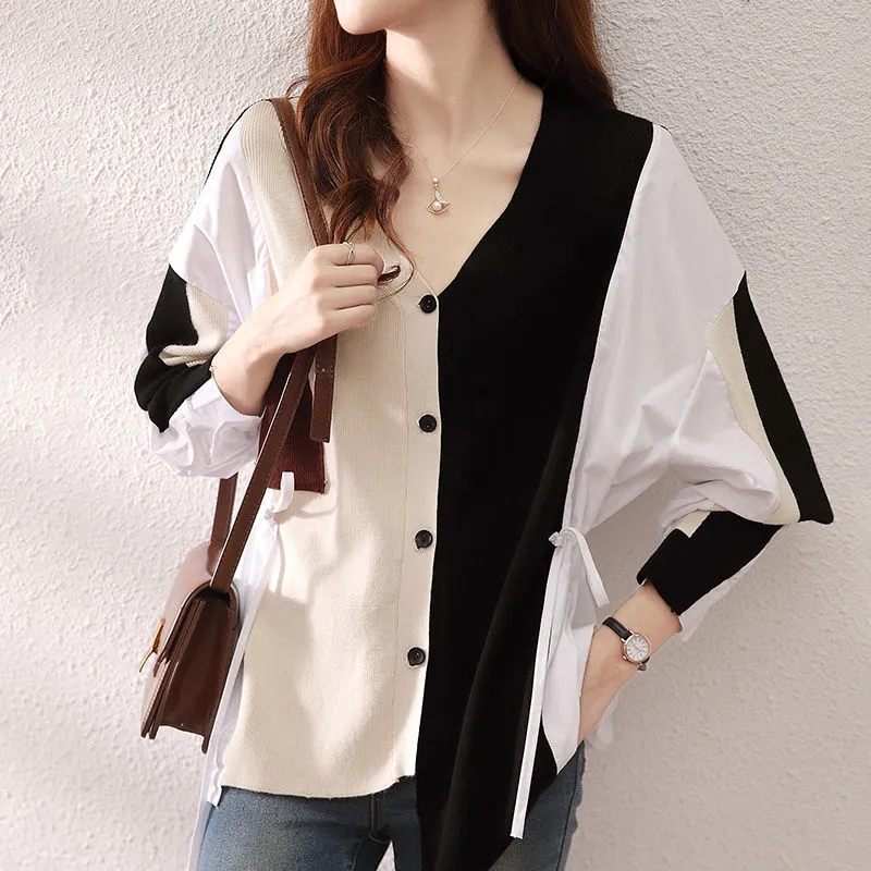 Pinched waist loose shirt knitted cardigan for women