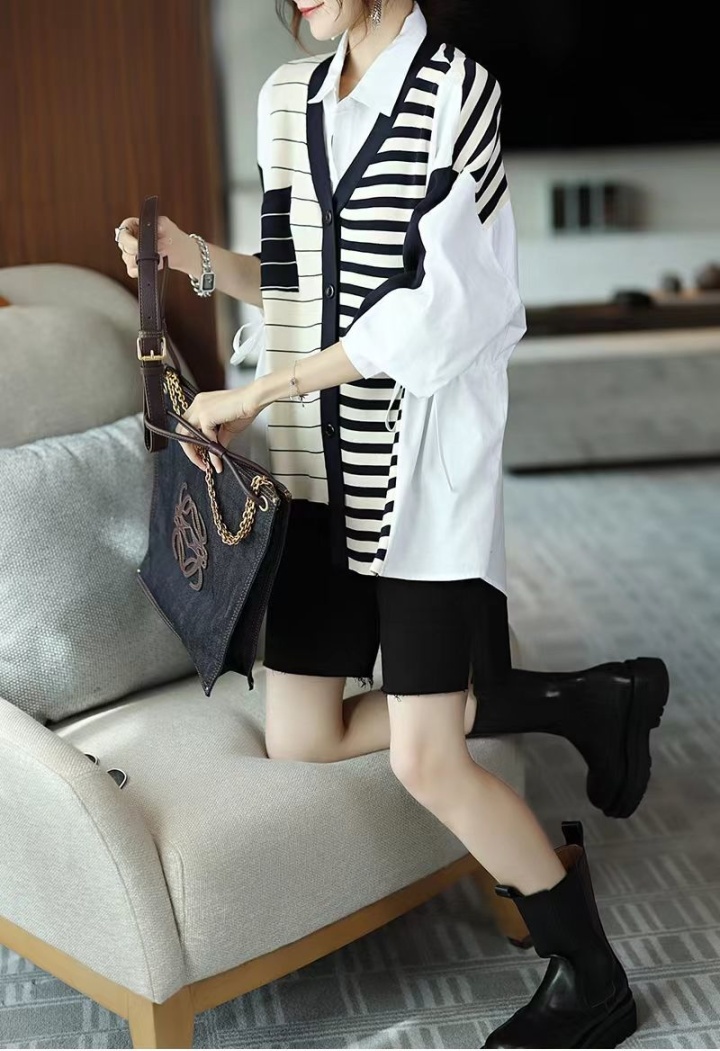 Knitted stripe splice coat irregular spring and autumn tops