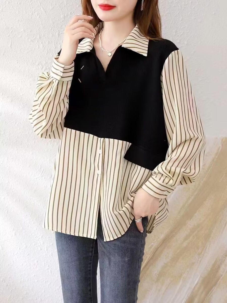 Casual knitted shirt Pseudo-two long sleeve tops for women