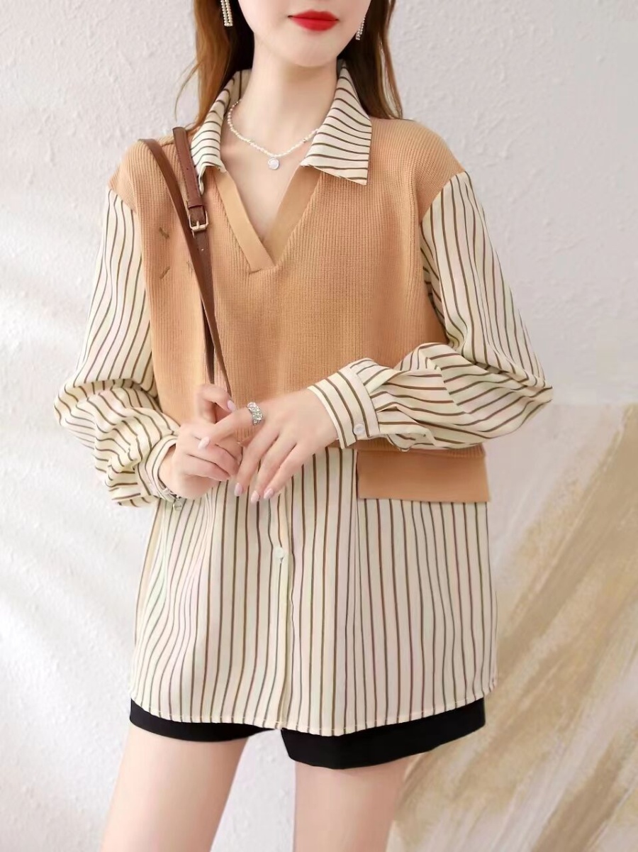 Casual knitted shirt Pseudo-two long sleeve tops for women