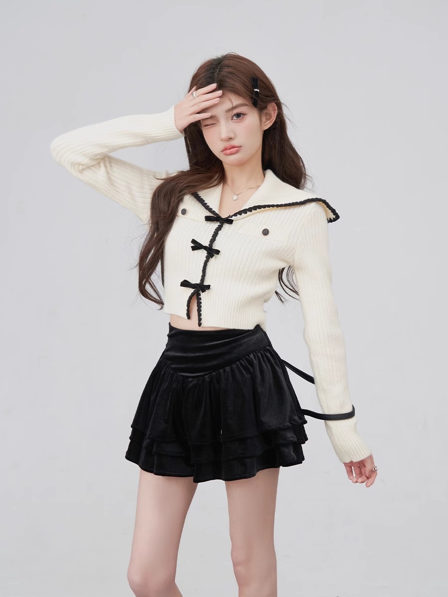 Sailor collar wears outside pink bow knitted sweater for women