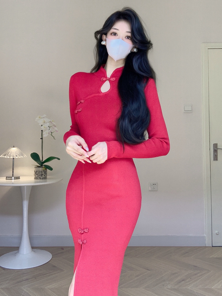 Red tender cheongsam elegant knitted dress for women