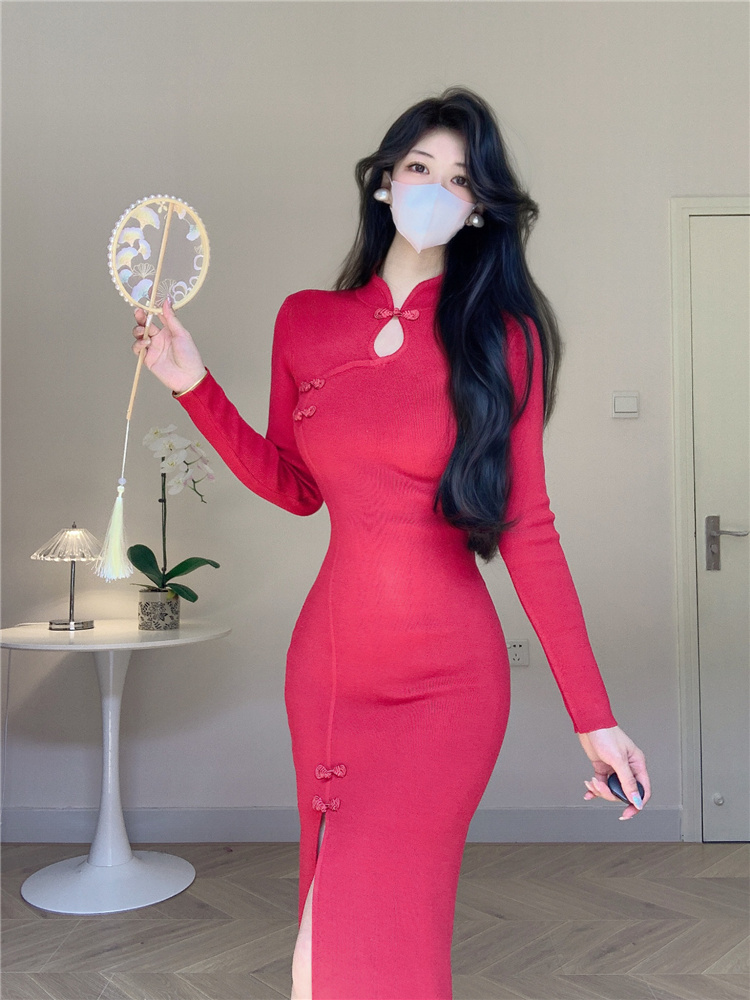 Red tender cheongsam elegant knitted dress for women