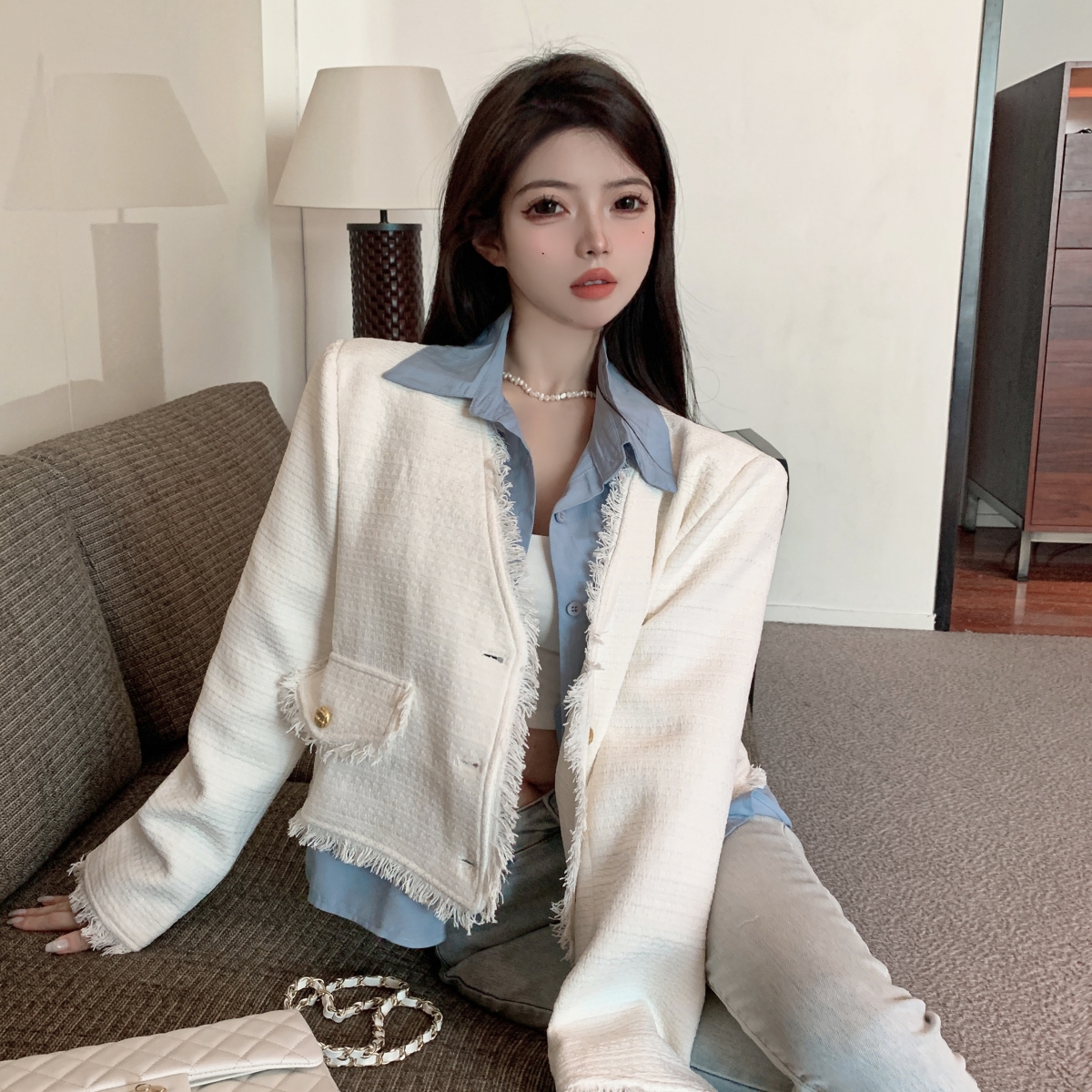 Tassels Pseudo-two tops chanelstyle Korean style jacket