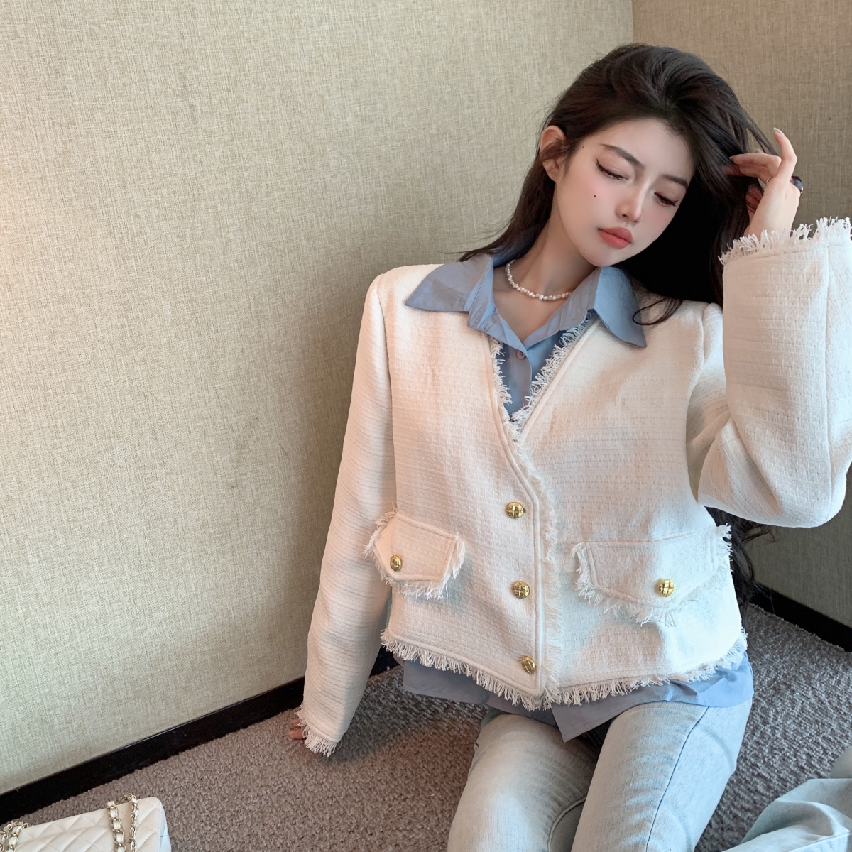 Tassels Pseudo-two tops chanelstyle Korean style jacket