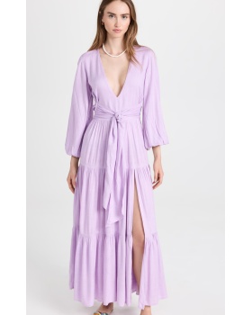 V-neck pinched waist purple dress