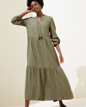 V-neck cotton frenum long sleeve dress