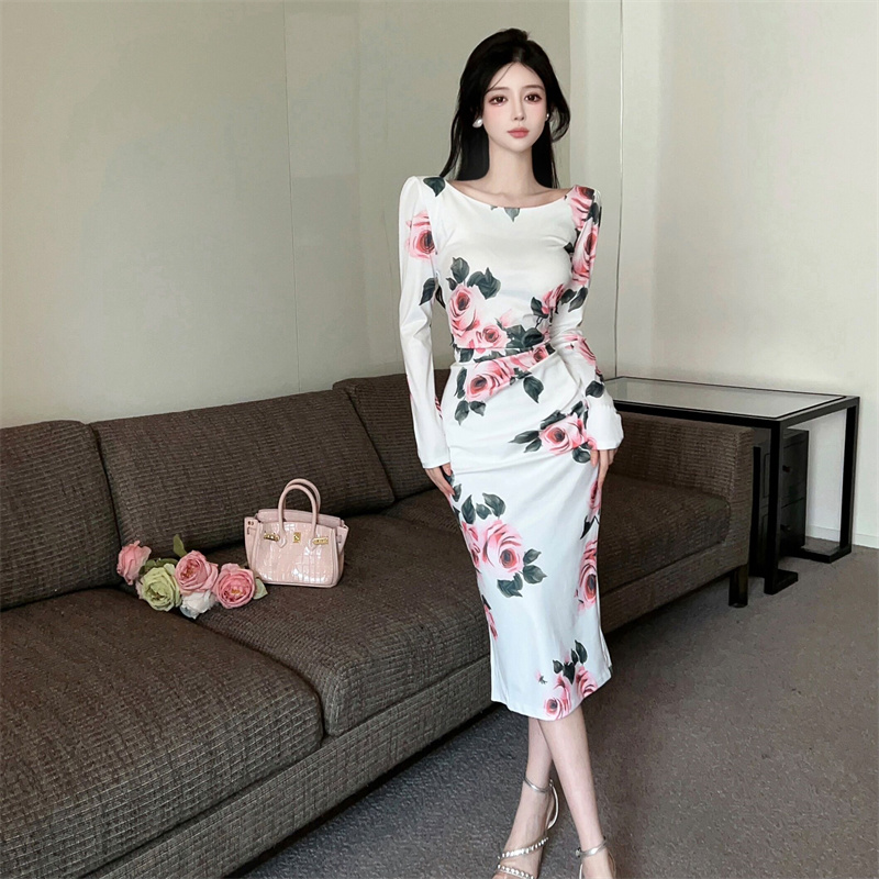 Fashion printing slim fold autumn dress