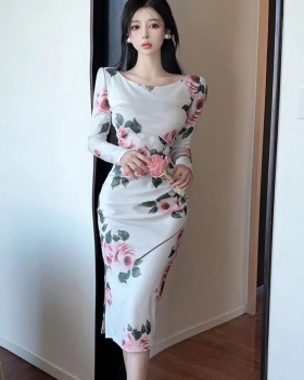 Fashion printing slim fold autumn dress