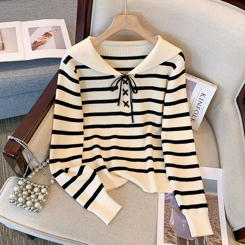 Stripe lazy navy collar tops autumn long sleeve sweater