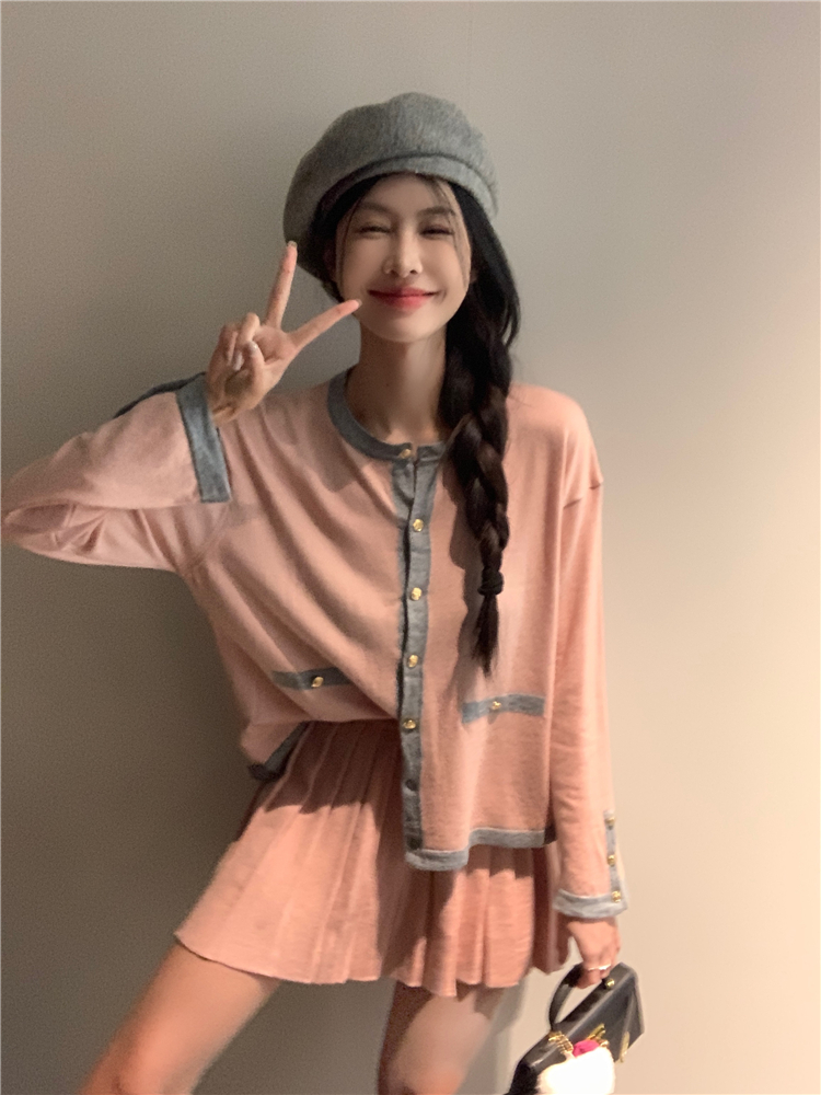 Korean style knitted skirt A-line high waist cardigan a set