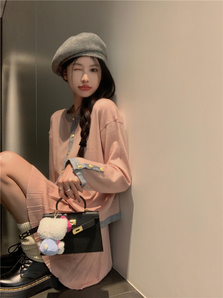 Korean style knitted skirt A-line high waist cardigan a set