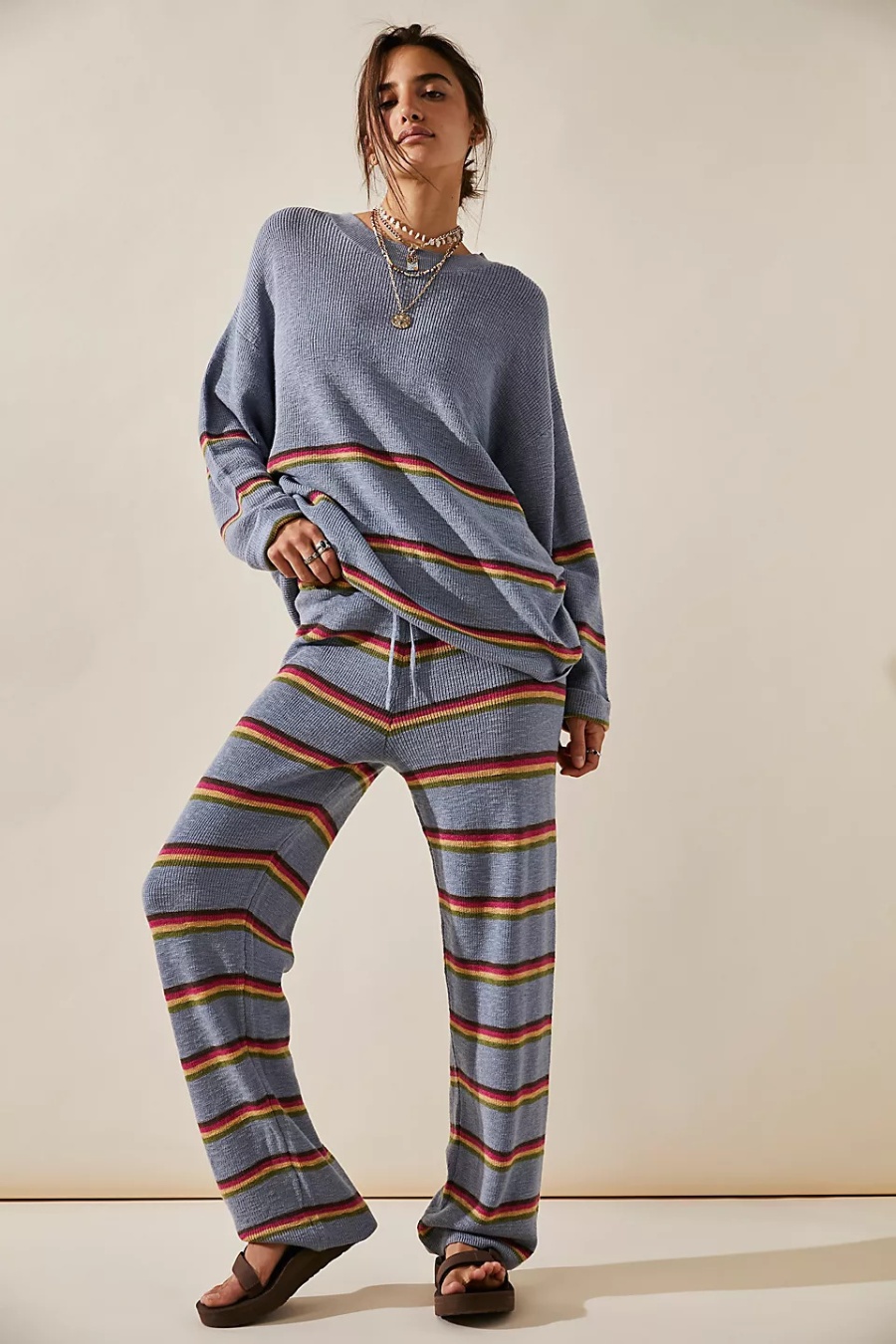 Loose sweater round neck long pants 2pcs set for women