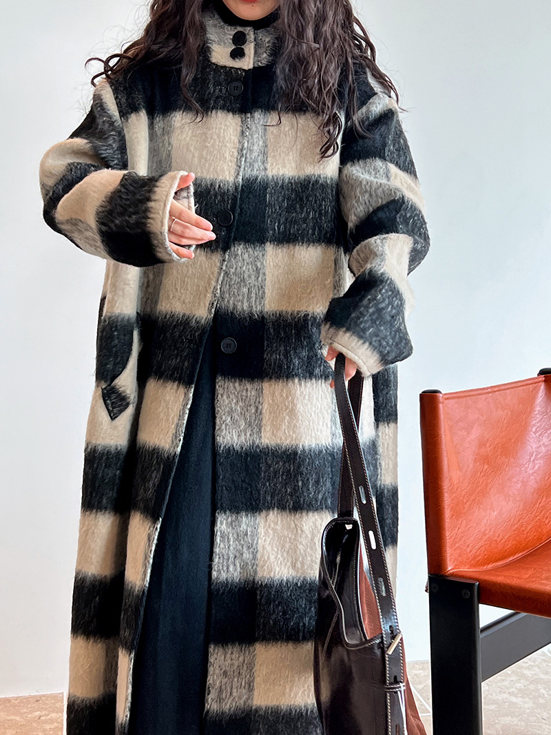 Korean style wool overcoat exceed knee plaid woolen coat