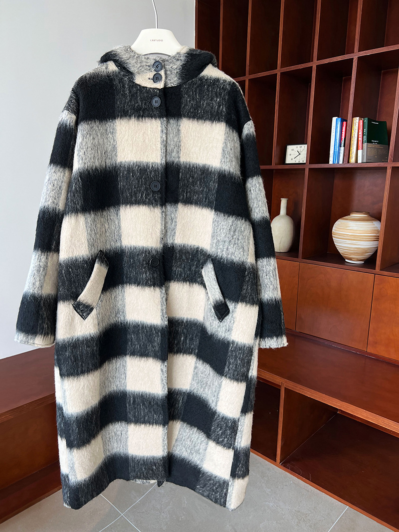 Korean style wool overcoat exceed knee plaid woolen coat