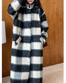 Korean style wool overcoat exceed knee plaid woolen coat