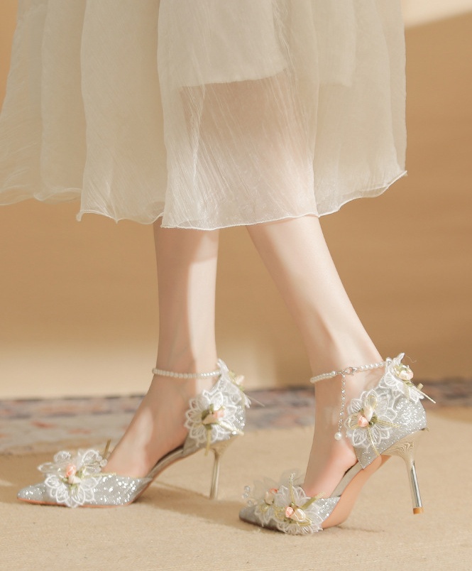 Flowers pearl wedding shoes lace pointed shoes for women