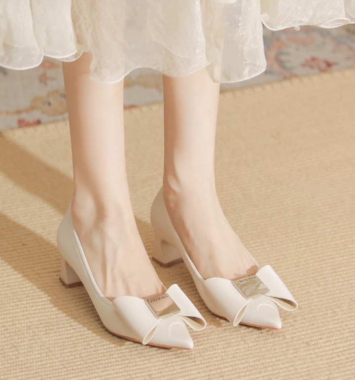 Bow sheepskin high-heeled shoes thick pointed shoes
