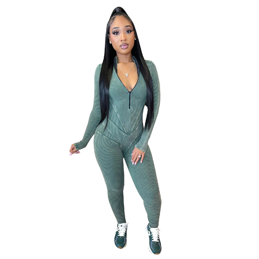 European style V-neck printing sexy tight jumpsuit