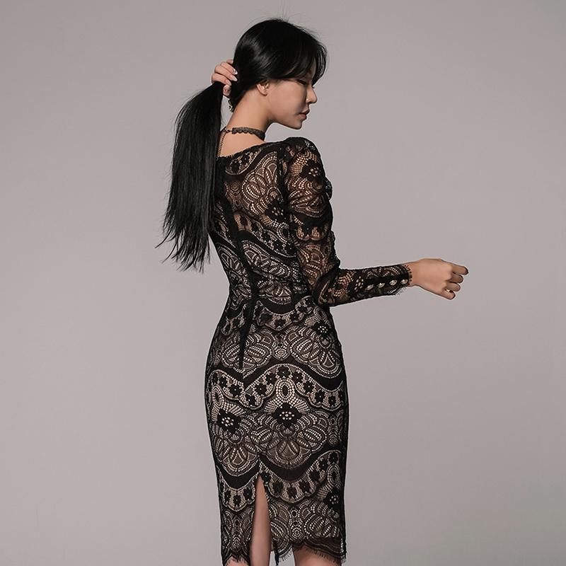 Square collar Korean style slim lace dress